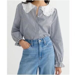 J Crew Lace Collar Cotton Poplin Stripe Navy White Blouse XXS